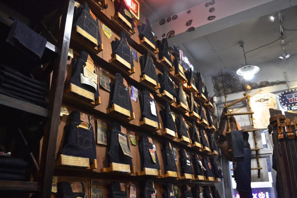 Hong Kong raw denim shop Take5 denim wall