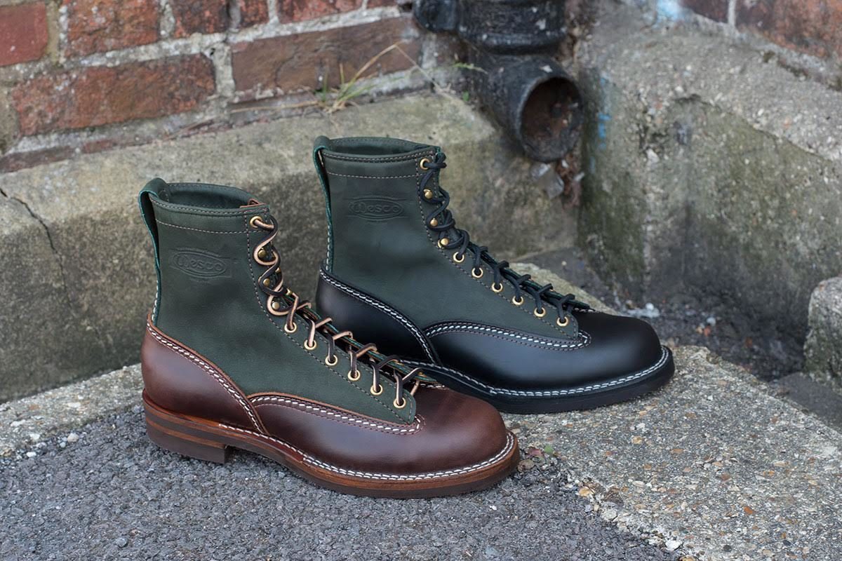 Close-up of The Bootery’s Wesco boots made with Olive Burlap leather